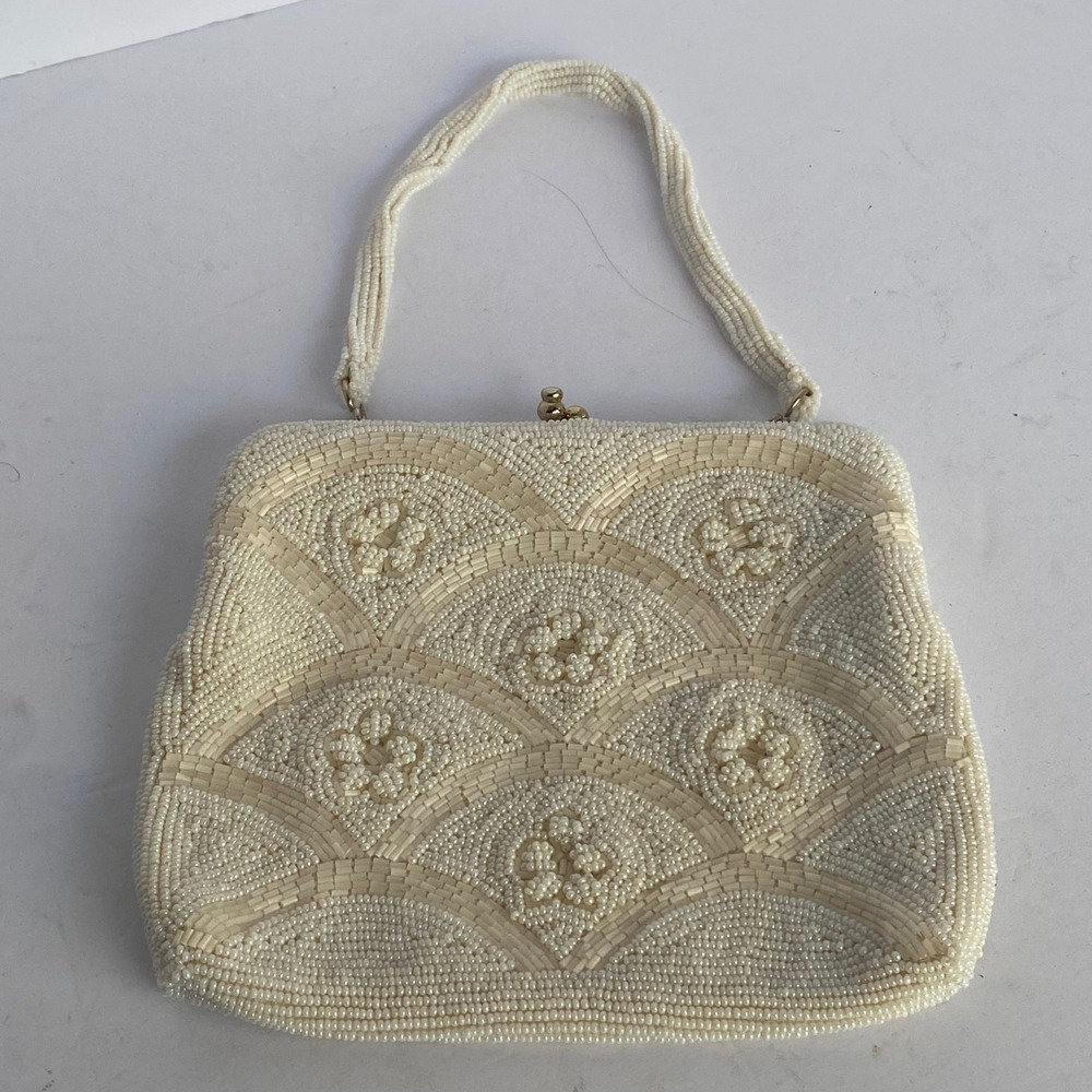 Beaded Evening Bag Women Small White Excellent Vintage Scalloped Fan Korea